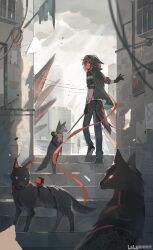  1girl absurdres animal_ear_hood arknights armband black_gloves black_jacket black_shoes cable city commentary crownslayer_(arknights) day denim dopperu_ben floppy_ears from_behind full_body gloves highres hood hood_up hooded_jacket hyena hyena_ears hyena_girl hyena_tail jacket jeans looking_at_viewer orange_armband orange_eyes orange_hair originium_(arknights) outdoors overcast pants scar scar_on_arm shoe_soles shoes short_hair sky solo stairs standing uneven_footing 