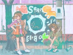  2others :o against_object androgynous arm_on_knee asymmetrical_hair baggy_pants bandana bare_arms bare_legs belt belt_buckle black_bandana black_belt black_cape black_headband black_socks blue_eyes book brooch brown_eyes brown_hair brown_pants buckle cape caution_tape choker cine_hamal coat collared_coat dot_nose expressionless eye_brooch eye_of_senri fish full_body graffiti green_coat green_shorts hair_between_eyes hair_over_shoulder hand_on_own_hip headband highres holding holding_book horse jacket jewelry knees kurohebi kuzu_suzumi lamppost len&#039;en light_blush long_hair merry_765 messy_hair multiple_others multiple_torii open_book open_clothes open_coat open_jacket orange_jacket other_focus outdoors pants parent_and_child parted_lips pocket poster_(object) purple_scarf purple_shirt purple_sky red_ribbon ribbon ribbon-trimmed_shorts ribbon-trimmed_socks ribbon_legwear ribbon_trim scarf shirt shoes short_hair short_sleeves shorts sky sleeveless sleeveless_jacket sleeveless_shirt smile sneakers socks spray_can squatting standing torii tree turban two-tone_shirt white_choker white_shirt white_shoes white_socks 