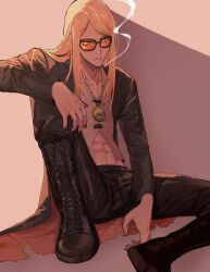  1boy abs black_jacket black_nails blonde_hair cigarette fate/grand_order fate_(series) full_body highres jacket jewelry long_hair male_focus medallion midriff navel open_clothes open_jacket orange-tinted_eyewear orange_background pants shirt sitting smoke smoke_trail smoking solo sunglasses tanaka_czk9hk tezcatlipoca_(fate) tinted_eyewear toned toned_male white_shirt 