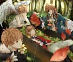  angel_wings arrow axis_powers_hetalia blonde_hair bouquet closed_eyes coffin cravat cross daffodil eyepatch eyes_closed flower forest gloves lying male military military_uniform motune multiple_boys multiple_persona nature petals ribbon rose submerged tree uniform united_kingdom_(hetalia) water wings yellow_eyes 