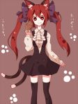  alternate_costume alternate_hairstyle animal_ears black_legwear bow cat_ears cat_tail cosplay eating food food_on_face hair_bow inu_x_boku_ss kaenbyou_rin kuromari_(runia) long_hair multiple_tails red_eyes red_hair redhead roromiya_karuta roromiya_karuta_(cosplay) school_uniform solo tail taiyaki thigh-highs thighhighs touhou twintails wagashi 