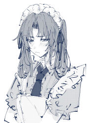  1boy absurdres apron ayase_ayato_(imamiya_pinoko) blush crossdressing crossdressing_(mtf) greyscale highres imamiya_pinoko long_hair maid maid_apron maid_headdress monochrome original trap twintails white_background 