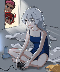  1boy 2girls :o akane_(akaneoekaki0928) bare_shoulders barefoot black_hair blue_camisole blue_eyes blue_shorts breasts camisole can chips_(food) collarbone colored_bangs commentary_request controller crack_of_light dark-skinned_female dark-skinned_male dark_skin drink_can food frown game_controller grey_eyes grey_hair guel_jeturk gundam gundam_suisei_no_majo hair_between_eyes highres hikikomori holding holding_controller holding_game_controller indian_style long_hair loungewear medium_breasts messy_room miorine_rembran multiple_girls open_mouth pink_hair playing_games potato_chips red_hair shorts sitting suletta_mercury sweat toes very_long_hair wilted_ahoge 