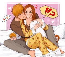  !? 1boy 1girl ? barefoot bed_sheet bleach blush bread bread_slice brown_eyes brown_shirt cheek-to-cheek chibi chibi_inset couple english_commentary flying_sweatdrops food food_print foot_out_of_frame fruit grey_pants hair_ornament hairclip hand_on_another&#039;s_cheek hand_on_another&#039;s_face heads_together heart highres holding holding_pillow inoue_orihime kurosaki_ichigo long_hair long_sleeves looking_at_another luvlyroseve mushroom_print no_shoes orange_hair paid_reward_available pajamas pants parted_lips pillow print_pajamas shirt short_hair sitting sitting_on_lap sitting_on_person socks spiky_hair squeezing_cheeks strawberry white_socks yellow_pajamas 