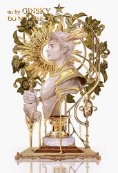  1boy absurdres armor artist_name cropped_torso feather_hair_ornament feathers from_side ginsky2000 golden_feathers hair_ornament hand_on_hilt highres jojo_no_kimyou_na_bouken jonathan_joestar looking_ahead male_focus muscular muscular_male pectorals phantom_blood profile short_hair shoulder_armor solo statue stone_mask_(jojo) watermark 