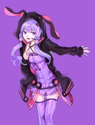  1girl :d \||/ animal_hood artist_name black_jacket chromatic_aberration collarbone commentary_request criss-cross_halter dress feet_out_of_frame flat_chest frilled_sleeves frills hair_between_eyes hair_ornament halterneck hand_on_own_chest hand_up headset highres hood hood_up hooded_jacket jacket korean_commentary long_sleeves looking_at_viewer looking_to_the_side open_clothes open_jacket open_mouth outstretched_arm purple_background purple_dress purple_theme purple_thighhighs rabbit_hood ramune55ni ribbed_dress ribbed_thighhighs ribbon-trimmed_dress ribbon_trim saturated short_dress short_hair_with_long_locks simple_background skinny sleeves_past_wrists smile solo standing thigh-highs tongue vocaloid voiceroid yuzuki_yukari zettai_ryouiki 