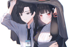  1boy 1girl absurdres black_eyes black_hair black_halo black_jacket black_necktie blue_archive blunt_bangs blush breasts bright_pupils grey_suit hair_ornament hairclip halo highres jacket large_breasts leonardo_566 long_hair looking_to_the_side multicolored_halo name_tag necktie open_mouth red_eyes red_halo rio_(blue_archive) sensei_(blue_archive) sensei_(blue_archive_the_animation) shielding_another_from_rain shirt short_hair suit sweater turtleneck turtleneck_sweater two-tone_halo wavy_mouth white_background white_pupils white_shirt white_sweater 