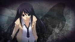  aoi_sena artist_request blazer brown_jacket chaos;head check_artist collarbone collared_shirt d-sword dress_shirt from_above frown game_cg highres holding holding_sword holding_weapon jacket lapels notched_lapels official_art open_clothes open_collar open_jacket plaid_clothes plaid_skirt pleated_skirt purple_hair purple_skirt sasaki_mutsumi school_emblem school_uniform science_adventure serious shadow shirt skirt suimei_academy_school_uniform sword violet_eyes weapon white_shirt 