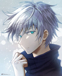  1boy akane_(akaneoekaki0928) blue_eyes blue_jacket closed_mouth collar_tug collared_jacket commentary gojou_satoru grey_hair highres jacket jujutsu_kaisen looking_at_viewer male_focus portrait short_hair solo twitter_logo twitter_username very_short_hair 