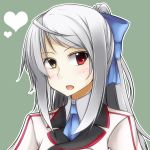 alternate_hairstyle bad_id bow bust error hair_bow heart heterochromia infinite_stratos laura_bodewig long_hair necktie no_eyepatch open_mouth pako_(moto_paco) ponytail red_eyes silver_hair simple_background solo uniform yellow_eyes 