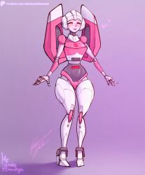  1girl absurdres arcee autobot closed_eyes eyelashes helmet highres humanoid_robot insignia metal_skin mr_hernan_drawings robot robot_girl science_fiction solo thighs transformers transformers:_generation_1 