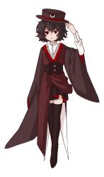  1other adapted_costume androgynous baila_kuangzi belt belt_buckle black_belt black_boots black_corset black_eyes black_hair black_hat black_kimono black_skirt boots buckle buttons closed_mouth coattails collared_shirt corset dot_nose dress_shirt enraku_tsubakura expressionless eye_of_senri eye_on_hat frilled_shirt frills full_body hair_between_eyes hand_on_headwear hat highres japanese_clothes kimono layered_sleeves len&#039;en long_sleeves messy_hair miniskirt other_focus pleated_skirt shirt short_hair short_kimono simple_background skirt sleeves_past_fingers sleeves_past_wrists solo standing striped_clothes striped_kimono thigh_boots top_hat v-neck vertical-striped_clothes vertical-striped_kimono white_background white_shirt wide_sleeves 