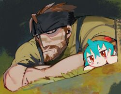  1boy 1girl aqua_hair bandana beard big_boss blush_stickers brown_hair camouflage crossover drooling facial_hair fumo_(doll) hair_between_eyes headband hood hood_up hoodie kemono_friends lying metal_gear_(series) metal_gear_solid_3:_snake_eater naked_snake on_stomach push-to-talk_device raichiyo short_hair snake_hood snake_print striped_clothes striped_hoodie tropical_camouflage tsuchinoko_(kemono_friends) 