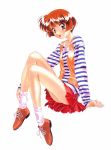  :d artist_request blazer footwear hoshino_asuka kai_tomohisa long_sleeves open_mouth pleated_skirt red_eyes sentimental_graffiti shirt short_hair shows simple_background sitting skirt smile socks striped striped_shirt white_background 