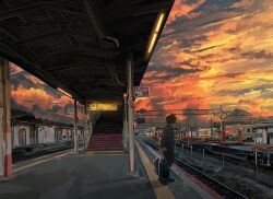  1boy absurdres bag banakotakemaru building clouds cloudy_sky fluorescent_lamp highres orange_sky original outdoors railroad_tracks scenery sky solo stairs tactile_paving train_station train_station_platform twilight wide_shot 