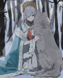  1girl absurdres anastasia_(fate) animal_hug blue_eyes cloak day dress fate/grand_order fate_(series) fgo_gwa forest grey_fur hair_over_one_eye highres long_hair nature outdoors solo tiara white_dress white_hair winter wolf 