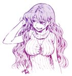  1girl artist_name bracelet breasts earrings feathers hand_in_hair jewelry large_breasts long_hair monochrome necklace open_mouth original ribbed_sweater signature sleeveless smile solo sweater takanashi_ringo 