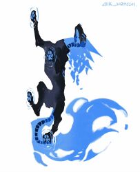  blue_fire chinese_commentary commentary_request fiery_tail fire flaming_head full_body highres luli_(crocowolf333) monster no_humans original ripples simple_background skeletal_tail skull_head tail walking white_background 