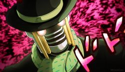  1other black_eyes black_hat bowler_hat english_commentary filouvilou glowing glowing_eyes green_scarf hat highres jojo_no_kimyou_na_bouken jojolion looking_at_viewer menacing_(jojo) other_focus pink_background pink_eyes robot scarf solo stand_(jojo) upper_body wonder_of_u 