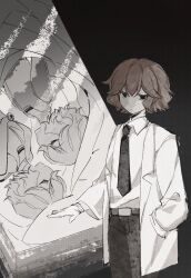  3others alternate_costume androgynous arde_(len&#039;en) bed belt belt_buckle benny_(len&#039;en) black_background black_belt black_eyes black_necktie black_pants brooch brown_hair buckle cine_hamal closed_eyes closed_mouth collared_shirt cowboy_shot dress_pants expressionless eye_brooch eye_of_senri hair_between_eyes hand_in_pocket highres jacket jewelry kuzu_suzumi lab_coat len&#039;en looking_at_viewer lying multiple_others multiple_persona necktie no_headwear on_bed on_side open_clothes open_jacket other_focus outstretched_hand pants parted_lips pointy_nose shirt short_hair simple_background sleeping sleeveless sleeveless_jacket sleeveless_shirt standing white_shirt xiao_ganju_nailuo 