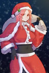  96oib breasts christmas dress fur-trimmed_dress fur-trimmed_headwear fur_trim hat heaven_burns_red highres large_breasts maria_de_angelis parted_bangs red_eyes red_hair sack santa_costume santa_dress santa_hat 