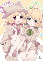  2girls :3 :d absurdres alternate_costume animal_ear_headwear artist_name bandaid bandaid_on_cheek bandaid_on_face bandaid_on_leg belt between_legs blonde_hair blue_archive blush bow bowtie brown_belt brown_hat brown_shirt brown_shoes brown_shorts cattail collared_shirt commentary flying_sweatdrops green_bow green_bowtie green_eyes green_halo hair_bow halo hand_between_legs hand_on_own_knee hand_up hat highres holding holding_plant leaf leaf_on_head leaning_to_the_side legs_together looking_at_viewer low-tied_sidelocks midori_(blue_archive) momoi_(blue_archive) multiple_girls open_mouth outline parted_bangs pink_bow pink_bowtie pink_eyes pink_halo plant shirt shoes short_hair short_sleeves shorts siblings sidelocks signature simple_background sisters sitting smile sparkle squatting twins twitter_username two-tone_background v_arms white_background white_outline yellow_background ymm007xx yokozuwari 