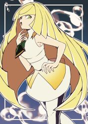  1girl :d absurdres air_bubble blonde_hair blue_background blunt_ends breasts bubble commentary_request cowboy_shot dress gem green_eyes green_gemstone hand_on_own_hip highres leggings long_hair looking_to_the_side lusamine_(pokemon) mature_female open_mouth otyumamii pokemon pokemon_sm profile sleeveless sleeveless_dress small_breasts smile solo white_dress white_leggings 