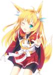  ;d ahoge animal_ears aqua_eyes bike_shorts blonde_hair blush cape fang fox_ears fox_tail highres kitsune looking_at_viewer nabiiro nibiiro_shizuka open_mouth original pleated_skirt simple_background skirt smile solo tail white_background wink 