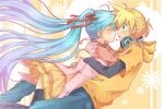  1girl aqua_eyes aqua_hair blonde_hair casual closed_eyes couple eyes_closed hatsune_miku heart hoodie incipient_kiss kagamine_len long_hair open_mouth skirt thigh-highs thighhighs twintails very_long_hair vocaloid 