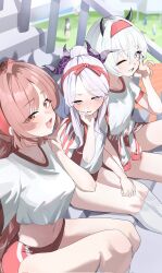  6+girls ahoge bloomers blue_archive blurry blurry_background blush breasts brown_eyes brown_hair day demon_girl demon_horns erika_(blue_archive) fingernails gyaru gym_uniform hairband hasumi_(blue_archive) hasumi_(track)_(blue_archive) headband highres himari_(blue_archive) hina_(blue_archive) hina_(dress)_(blue_archive) horns jacket jacket_on_shoulders kirara_(blue_archive) kogal kumakono long_fingernails long_hair looking_at_viewer mari_(blue_archive) mari_(track)_(blue_archive) midriff multiple_girls navel no_halo noa_(blue_archive) on_grass one_eye_closed outdoors ponytail purple_hair red_bloomers red_eyes red_hair red_hairband red_headband red_nails running_track selfie short_hair sitting sitting_on_stairs small_breasts socks stairs teeth tied_jacket v violet_eyes white_eyes white_hair white_socks yuuka_(blue_archive) yuuka_(track)_(blue_archive) 