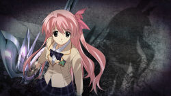  1girl antenna_hair artist_request blazer bow bowtie breasts brown_jacket chaos;head check_artist collared_shirt d-sword dress_shirt from_above game_cg hair_bow highres holding holding_sword holding_weapon jacket lapels looking_at_viewer miniskirt notched_lapels official_art one_side_up pink_eyes pink_hair plaid_bow plaid_bowtie plaid_clothes plaid_skirt pleated_skirt purple_bow purple_bowtie purple_skirt sakihata_rimi sasaki_mutsumi school_emblem school_uniform science_adventure shadow shirt skirt small_breasts smile solo suimei_academy_school_uniform sword weapon white_shirt 