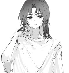  1boy absurdres ayase_ayato_(imamiya_pinoko) greyscale hand_in_own_hair highres imamiya_pinoko long_hair monochrome original solo upper_body white_background 