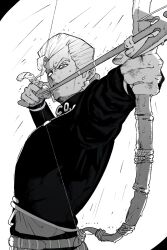  1boy arrow_(projectile) belt bow_(weapon) bruise bruise_on_hand commentary_request cowboy_shot diamond_wa_kudakenai flattop floating_hair gakuran greyscale highres holding holding_bow_(weapon) holding_weapon injury jacket jojo_no_kimyou_na_bouken long_sleeves male_focus monochrome nijimura_keicho rain school_uniform solo striped_belt tirauraja v-shaped_eyebrows weapon wet wet_hair 