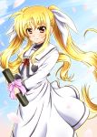  blonde_hair blush diesel-turbo fate_testarossa graduation hair_ribbon long_hair lyrical_nanoha mahou_shoujo_lyrical_nanoha mahou_shoujo_lyrical_nanoha_a&#039;s mahou_shoujo_lyrical_nanoha_a's petals red_eyes ribbon school_uniform smile solo tube twintails wind 