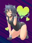  bad_id bell black_gloves black_hair breasts cat_ears cat_tail cleavage gloves heart hyper-red long_hair original paw_pose shorts slit_pupils tail tongue tongue_out yellow_eyes 