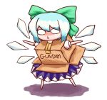  blue_hair box cardboard_box cardboard_box_gundam chibi cirno gundam hal360 ice ice_wings o_o outstretched_arms parody simple_background solo standing title_drop touhou white_background wings 
