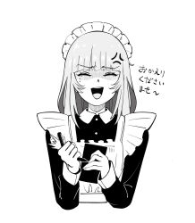  1girl :d alternate_costume anger_vein angry apron blunt_bangs breaking clenched_hand collared_shirt commentary_request cropped_torso enmaided facing_viewer greyscale highres holding holding_pencil itsumeee3 long_hair long_sleeves maid maid_apron maid_headdress mole mole_under_eye monochrome multiple_moles open_mouth pencil rk_music shaded_face shirt simple_background sketch smile solo straight-on virtual_youtuber white_background xiden 