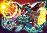  alternate_weapon arm_cannon black_wings bow brown_eyes brown_hair cape concrete dual_wielding fue_(fuef) gatling_gun glowing glowing_weapon gun hair_bow huge_weapon long_hair reiuji_utsuho shirt skirt smile solo space touhou weapon wings 