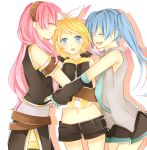  aqua_hair bad_id blonde_hair blue_eyes detached_sleeves hair_ornament hair_ribbon hairclip hatsune_miku hug kagamine_rin long_hair megurine_luka multiple_girls navel open_mouth pink_hair prin_dog ribbon short_hair simple_background skirt smile thigh-highs thighhighs twintails vocaloid 