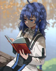  1girl ahoge akane_(akaneoekaki0928) black_skirt blue_eyes blue_hair book braid commentary cowboy_shot dappled_sunlight highres holding holding_book jacket long_hair long_sleeves low_twin_braids mushoku_tensei open_book reading roxy_migurdia sitting skirt solo sunlight twin_braids very_long_hair white_jacket 