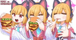  1girl absurdres animal_ear_headphones animal_ears blue_archive blush bow burger cat_ear_headphones character_name closed_eyes coat collared_shirt commentary_request eating english_text fake_animal_ears food food_on_face hair_bow halo headphones highres holding holding_burger holding_food licking licking_finger momoi_(blue_archive) multiple_views nickel_ni_plus off_shoulder open_clothes open_coat open_mouth orange_hair pink_bow red_bow red_eyes shirt short_hair simple_background sweat teeth upper_body upper_teeth_only white_background white_shirt wide_sleeves 