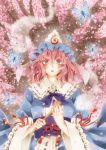  breasts butterfly cherry_blossoms closed_fan fan folding_fan ghost hat hitodama japanese_clothes obi open_mouth petals pink_eyes pink_hair saigyouji_yuyuko short_hair smile solo suzuka_sario touhou tree triangular_headpiece 