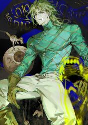  1boy absurdres aqua_eyes aqua_sweater argyle_clothes argyle_sweater bandage_on_face bandages belt_buckle blonde_hair boots brown_boots brown_gloves buckle cracked_skin diego_brando dinosaur dinosaur_tail eyeball gloves hashtag-only_commentary heijinbai highres jodhpurs jojo_no_kimyou_na_bouken long_sleeves male_focus medium_hair messy_hair no_headwear pants scary_monsters_(stand) sitting solo stand_(jojo) steel_ball_run sweater tail turtleneck turtleneck_sweater white_pants 