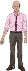 1boy anime_coloring balding beard belt brown_eyes brown_pants brown_slippers closed_mouth collared_shirt facial_hair full_body grey_belt grey_hair heart heart_print long_sleeves looking_at_viewer mature_male necktie official_art oroka_na_tenshi_wa_akuma_to_odoru pants pink_shirt purple_necktie shiromura_(kanaten) shirt simple_background sleeves_rolled_up slippers socks solo standing stubble tachi-e transparent_background white_socks yahiro_yuuko 