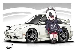  1girl ;) black_choker black_hair black_hoodie black_shoes blue_archive blush choker closed_mouth commentary_request grey_wings hair_between_eyes halo hands_in_pockets highres hood hood_down hoodie horns kayoko_(blue_archive) long_sleeves looking_at_viewer low_wings multicolored_hair nissan nissan_180sx one_eye_closed plaid_clothes plaid_skirt pleated_skirt ponytail puffy_long_sleeves puffy_sleeves red_eyes red_skirt shoes signature single_wing skirt smile solo standing tomimon two-tone_hair white_hair wings 