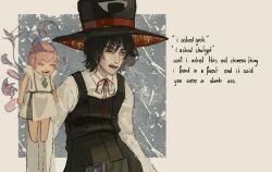  2others androgynous annoyed bare_arms bare_legs barefoot black_eyes black_hair black_hat black_vest child coattails collared_dress collared_shirt cowboy_shot dress drooling english_text enraku_tsubakura eye_of_senri furrowed_brow green_hakama grey_background hair_between_eyes hakama half-closed_eye happy hat hatsburg japanese_clothes len&#039;en lifting_person looking_ahead medium_dress meme meme_request multiple_others neck_ribbon open_mouth other_focus pink_hair pink_ribbon red_hat red_ribbon ribbon shion_(len&#039;en) shirt short_hair short_sleeves size_difference smile square teeth thick_eyebrows triangular_headpiece two-sided_fabric two-sided_headwear vest white_dress white_shirt 