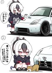  1girl =_= ^^^ animal black_hair black_hoodie black_shoes blue_archive blush cat closed_eyes commentary_request grey_wings hair_between_eyes halo highres hood hood_down hoodie horns kayoko_(blue_archive) low_wings motion_lines multicolored_hair nissan pleated_skirt ponytail red_skirt shadow shoes single_wing skirt speed_lines squatting standing tomimon translation_request trembling two-tone_hair vehicle_request white_background white_hair wings 