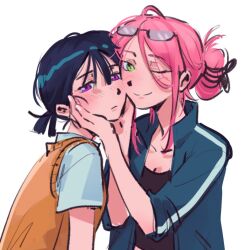  2girls alien_stage black_hair black_shirt brown_sweater_vest byubiyubi claw_hair_clip commentary eyewear_on_head glasses green_eyes green_jacket hair_ornament hairclip hands_on_another&#039;s_face hashtag-only_commentary jacket long_sleeves mizi_(alien_stage) multiple_girls official_alternate_costume one_eye_closed pink_hair ponytail shirt short_ponytail short_sleeves sleeves_rolled_up smile sua_(alien_stage) sweater_vest violet_eyes white_shirt 