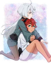  2girls ahoge akane_(akaneoekaki0928) asticassia_school_uniform barefoot black_hairband black_pantyhose blue_background blue_eyes border commentary dark-skinned_female dark_skin green_jacket green_shorts grey_eyes grey_hair gundam gundam_suisei_no_majo hairband highres jacket kneeling knees_up long_hair long_sleeves miorine_rembran multiple_girls no_shoes outside_border pantyhose parted_lips purple_background red_hair school_uniform shorts sitting suletta_mercury twitter_username two-tone_background very_long_hair white_border white_jacket white_shorts wolf_cut yuri 