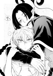  1boy 1girl atori_(iruma-kun) braid capelet chinese_text closed_mouth curtained_hair expressionless greyscale hair_between_eyes heart highres hug isiko_mim_z long_hair long_sleeves looking_at_viewer mairimashita!_iruma-kun makeup monochrome nail_polish open_mouth pointy_ears shiida_(iruma-kun) short_hair simplified_chinese_text smile spoken_blush spoken_heart upper_body very_long_hair white_background 